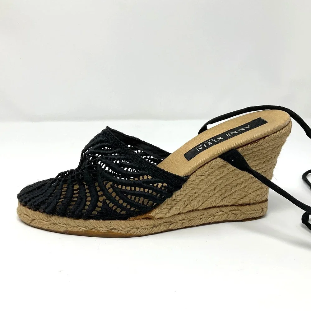 Anne Klein Espadrille Wedge Sandals Black Lace Up Ankle Wrap 38 7.5 Boho Classic